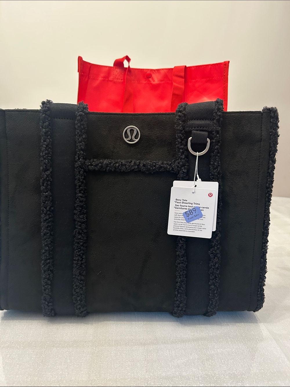 lululemon athletica Black Shearling-Trim Everyday Tote large BNWT